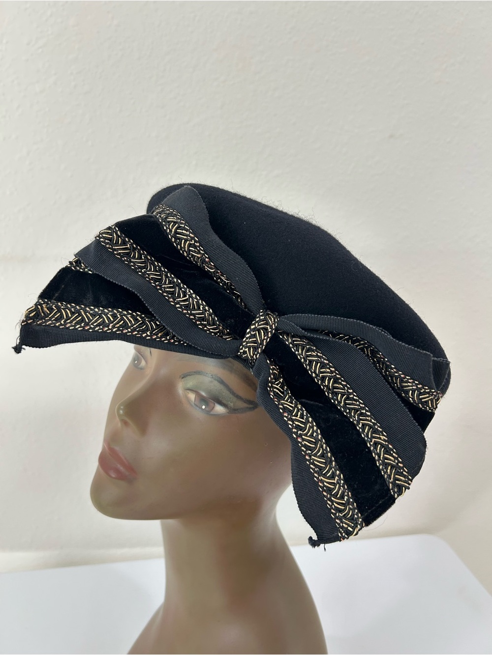 Eric Javits Bollman Vintage Black Bow-Trim Pillbox Hat with Gold Braid 100% Wool